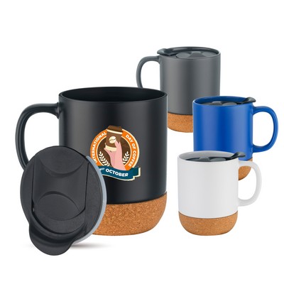 12 Oz. Two-Tone Barista Cork Bottom Ceramic Mug With Lid